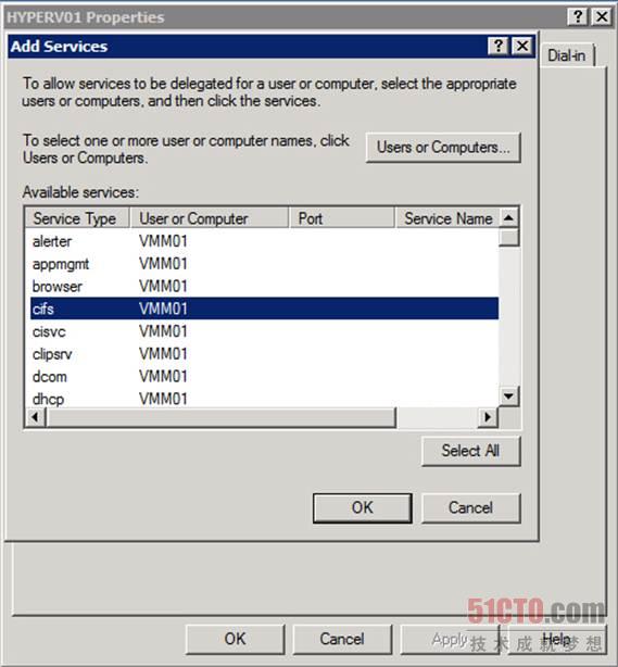 图2：在Available Services(可用服务)列表中，点击cifs，然后点击Add(添加)。